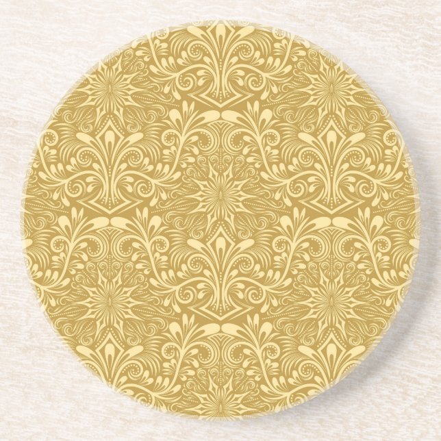 Golden Damask Baroque Floral Pattern Coaster (Front)