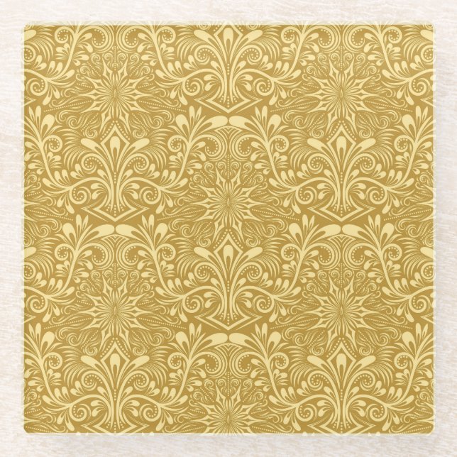 Golden Damask Baroque Floral Pattern Glass Coaster (Front)