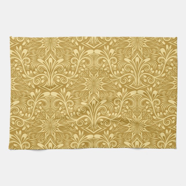 Golden Damask Baroque Floral Pattern Tea Towel (Horizontal)