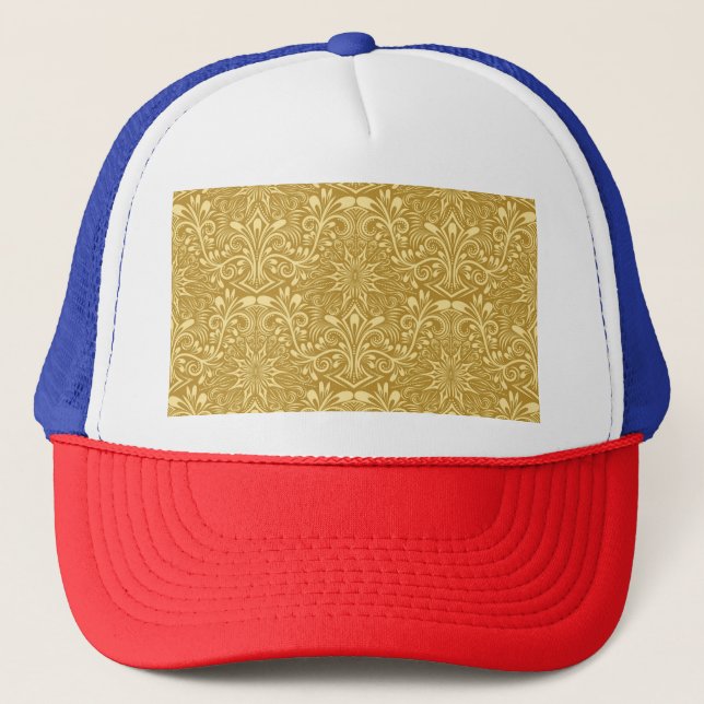 Golden Damask Baroque Floral Pattern Trucker Hat (Front)