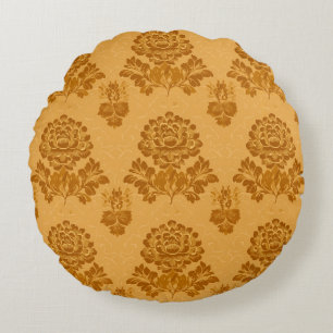 Golden Damask Floral Pattern Round Cushion