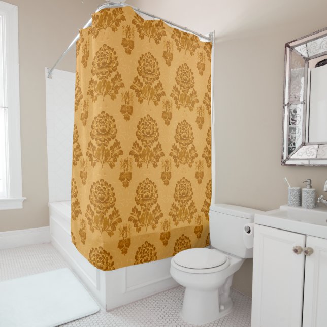 Golden Damask Floral Pattern Shower Curtain (In Situ)