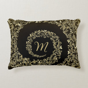 Golden Damask Monogram Decorative Cushion