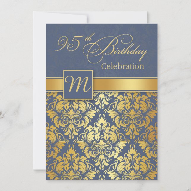 Golden damask on blue 95th Birthday Party Invite (Front)