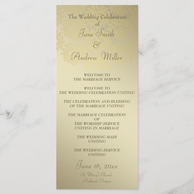 Golden Damask pattern Wedding Programs Programme (Front)