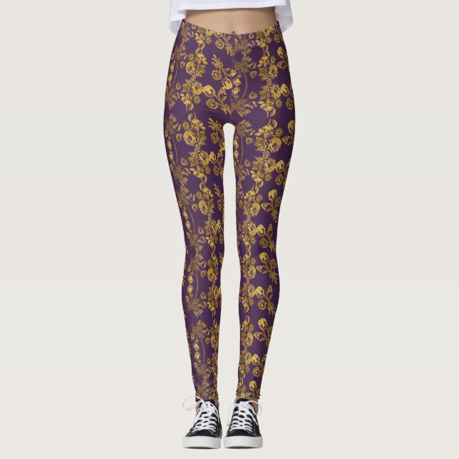 Golden damask swirl floral print on purple leggings (Front)