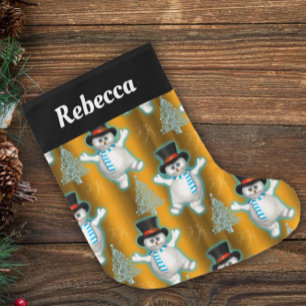 Golden Dancing Snowmen Christmas Large Christmas Stocking