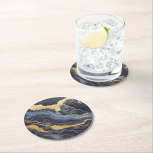 Golden Dark Blue Marble Pattern Round Paper Coaster