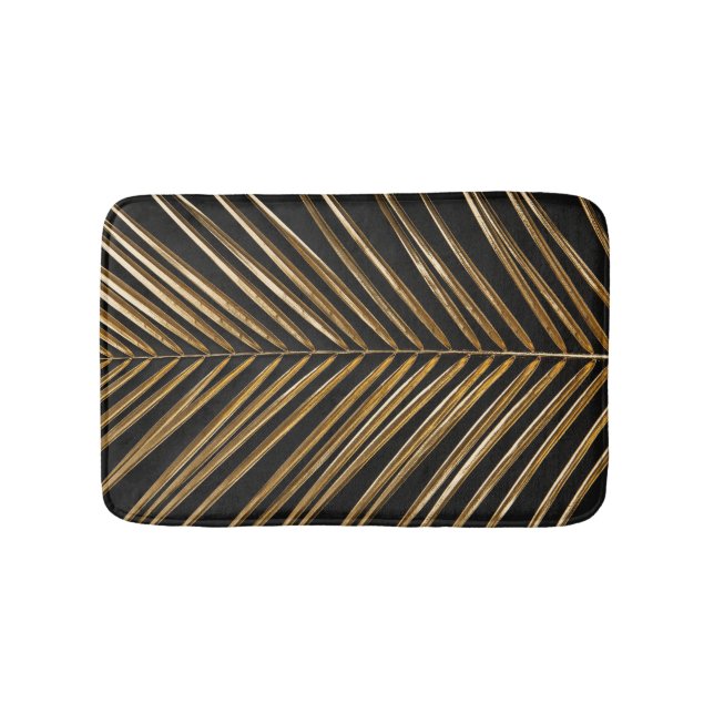 Golden Date Palm Leaf: Black Minimalist Bath Mat (Front)