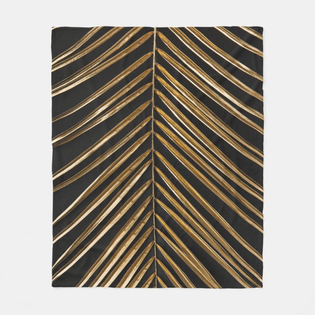 Golden Date Palm Leaf: Black Minimalist Fleece Blanket (Front)