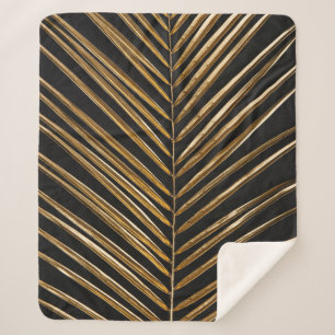 Golden Date Palm Leaf: Black Minimalist Sherpa Blanket