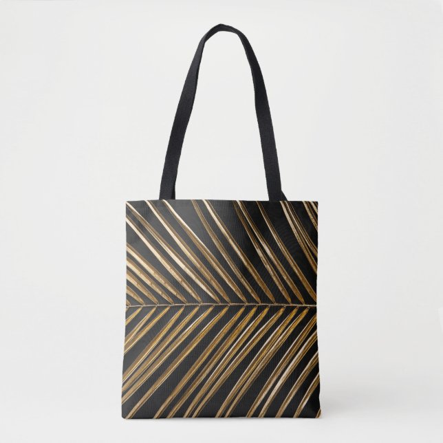 Golden Date Palm Leaf: Black Minimalist Tote Bag (Front)
