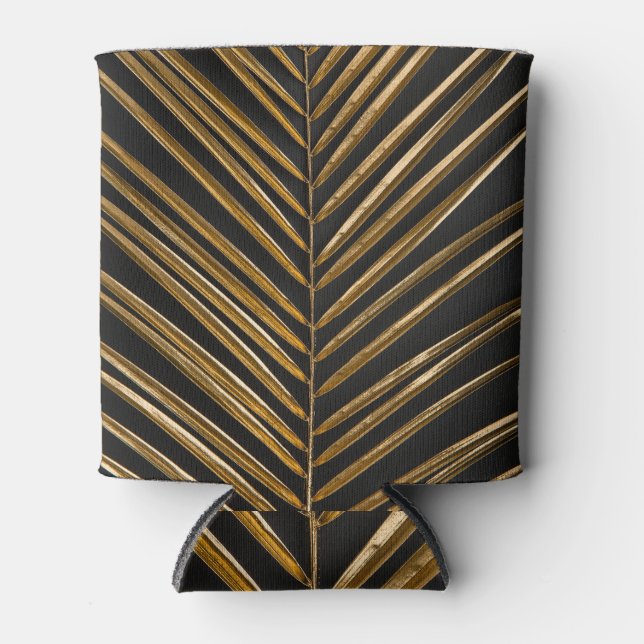 Golden Date Palm: Minimalist Black Background Can Cooler (Front)