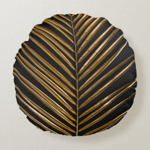 Golden Date Palm: Minimalist Black Background Round Cushion