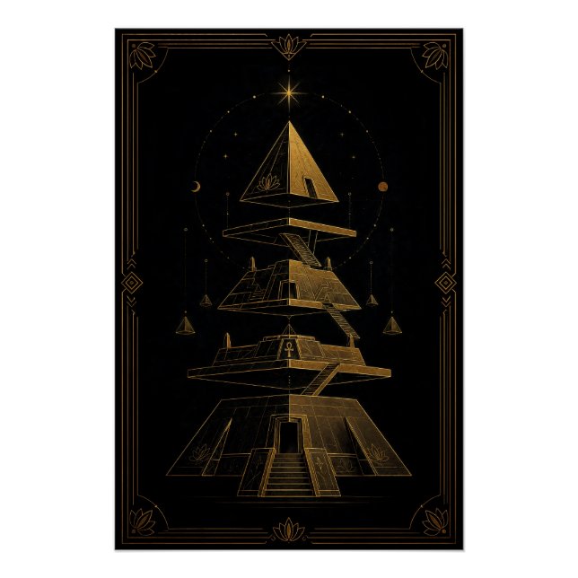 Golden Deconstructed Pyramids Egyptian Art Poster (Front)