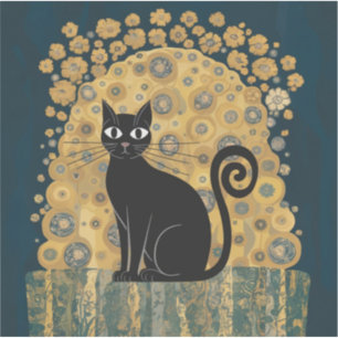 Golden Decorative Gustav Klimt Style Black Cat Art