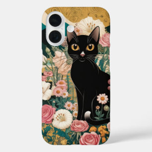 Golden Decorative Gustav Klimt Style Black Cat Art iPhone 16 Case
