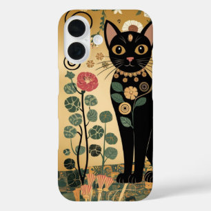 Golden Decorative Gustav Klimt Style Black Cat Art iPhone 16 Case