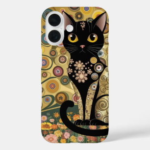Golden Decorative Gustav Klimt Style Black Cat Art iPhone 16 Case