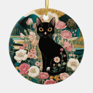 Golden Decorative Gustav Klimt Style Black Cat Art Ceramic Tree Decoration