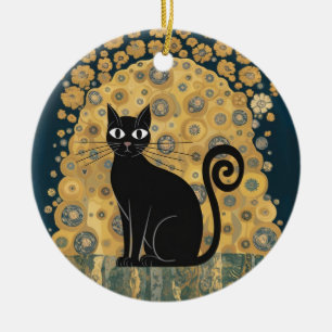 Golden Decorative Gustav Klimt Style Black Cat Art Ceramic Tree Decoration