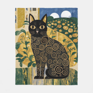 Golden Decorative Gustav Klimt Style Black Cat Art Fleece Blanket