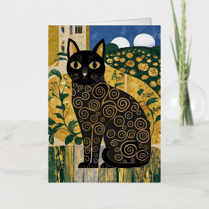 Golden Decorative Gustav Klimt Style Black Cat Art Foil Greeting Card