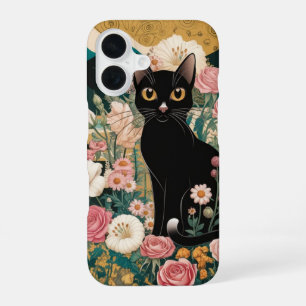 Golden Decorative Gustav Klimt Style Black Cat Art iPhone 16 Case
