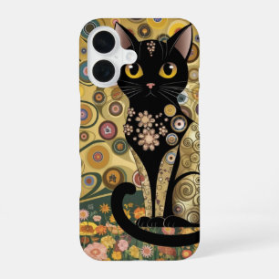 Golden Decorative Gustav Klimt Style Black Cat Art iPhone 16 Case