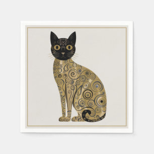 Golden Decorative Gustav Klimt Style Black Cat Art Napkin