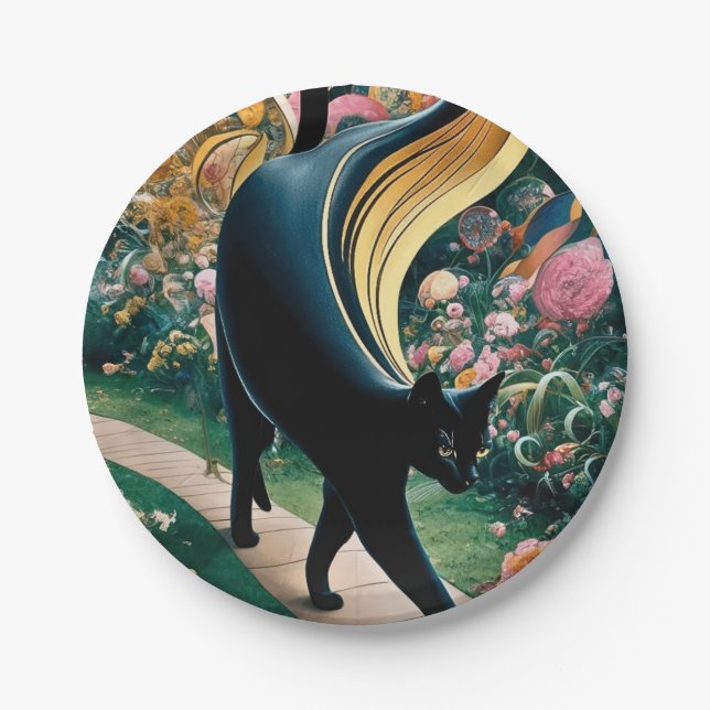 Golden Decorative Gustav Klimt Style Black Cat Art Paper Plate (Front)