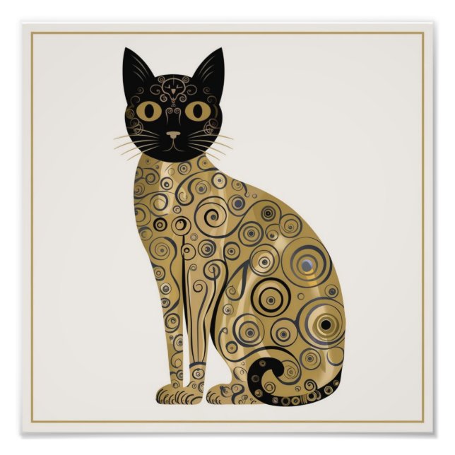 Golden Decorative Gustav Klimt Style Black Cat Art Photo Print (Front)