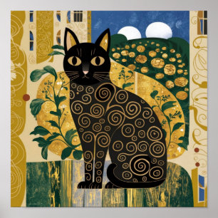 Golden Decorative Gustav Klimt Style Black Cat Art Poster