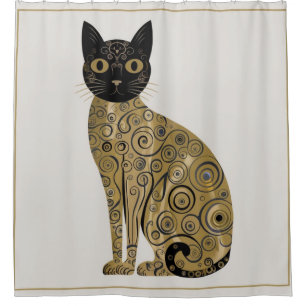 Golden Decorative Gustav Klimt Style Black Cat Art Shower Curtain
