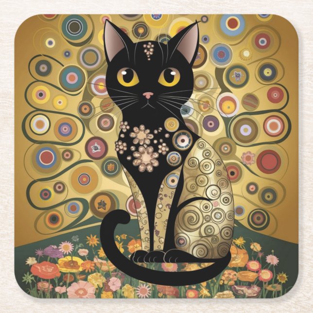 Golden Decorative Gustav Klimt Style Black Cat Art Square Paper Coaster (Front)