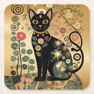 Golden Decorative Gustav Klimt Style Black Cat Art Square Paper Coaster