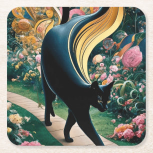 Golden Decorative Gustav Klimt Style Black Cat Art Square Paper Coaster