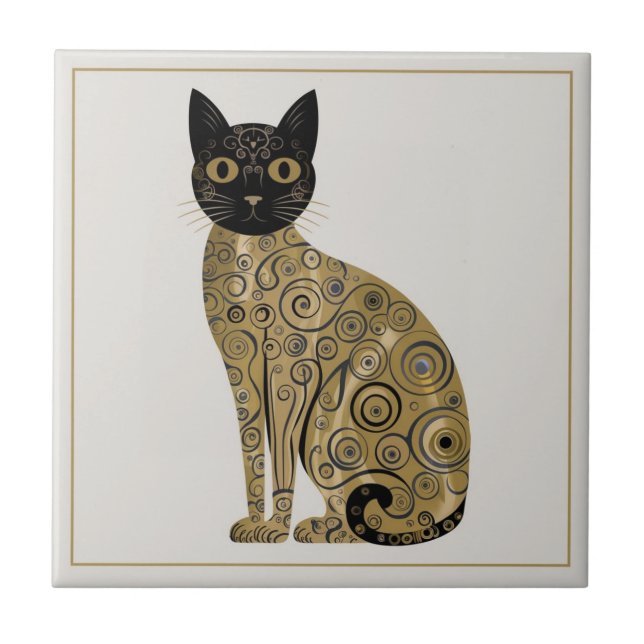 Golden Decorative Gustav Klimt Style Black Cat Art Tile (Front)
