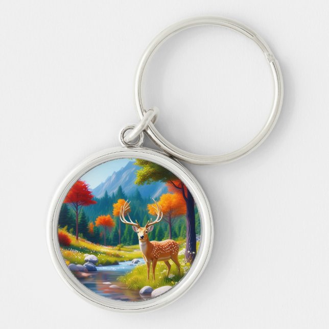 Golden Deer Standing in The Forest-987679 Key Ring (Front)