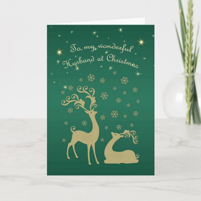 Golden deers, snowflakes , stars Husband Christmas Holiday Card (Front)