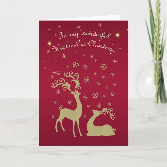 Golden deers, snowflakes , stars Husband Christmas Holiday Card (Front)