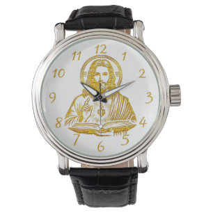 Golden Depiction of Jesus Holding a Book Watch