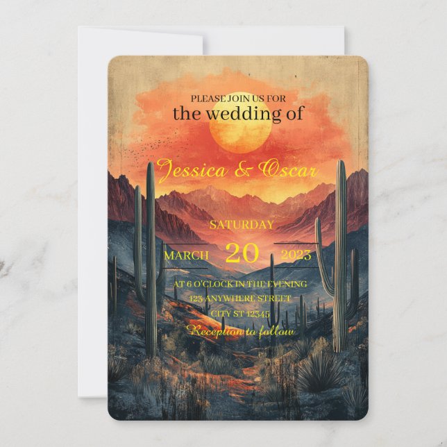 Golden Desert Landscape with Silhouetted Cacti Invitation (Front)