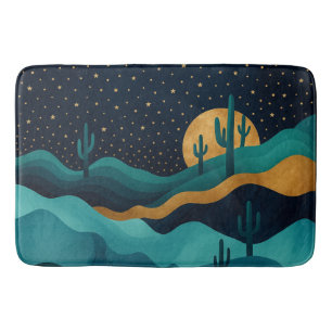 Golden Desert Nightscape – Abstract Cactus Art Bath Mat