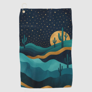 Golden Desert Nightscape – Abstract Cactus Art Golf Towel