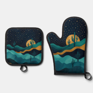  Golden Desert Nightscape – Abstract Cactus Art Oven Mitt & Pot Holder Set