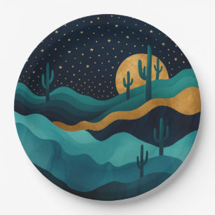 Golden Desert Nightscape – Abstract Cactus Art Paper Plate