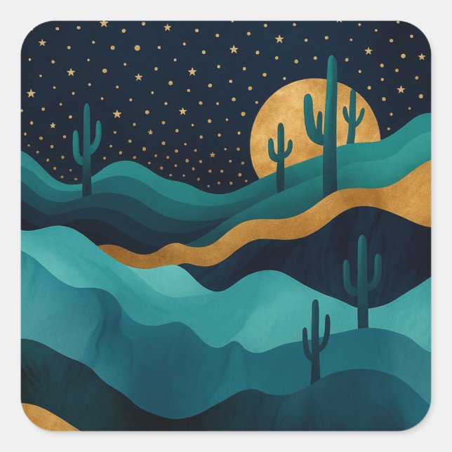  Golden Desert Nightscape – Abstract Cactus Art Square Sticker (Front)