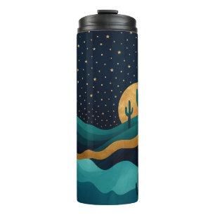 Golden Desert Nightscape – Abstract Cactus Art Thermal Tumbler