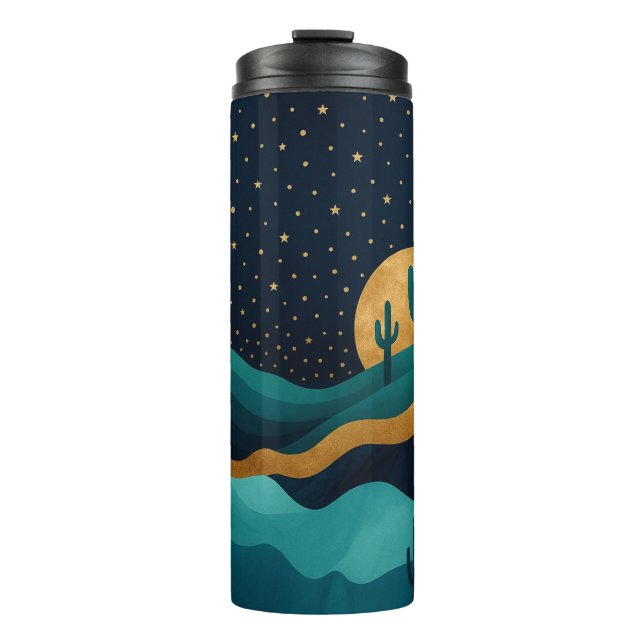  Golden Desert Nightscape – Abstract Cactus Art Thermal Tumbler (Front)